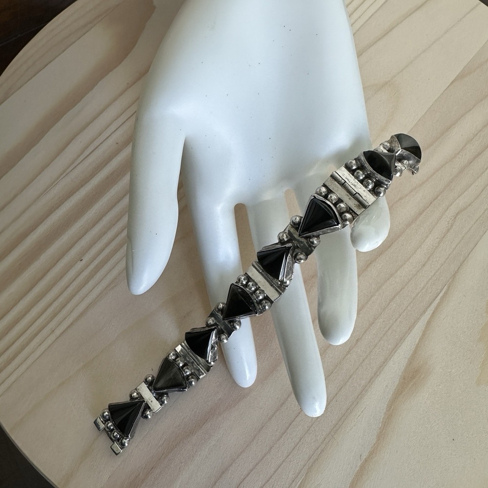 VTG Taxco Link Bracelet Size 6.5 Sheen Obsidian Signed 925 Sterling Mexico 26.1g - Picture 1 of 12